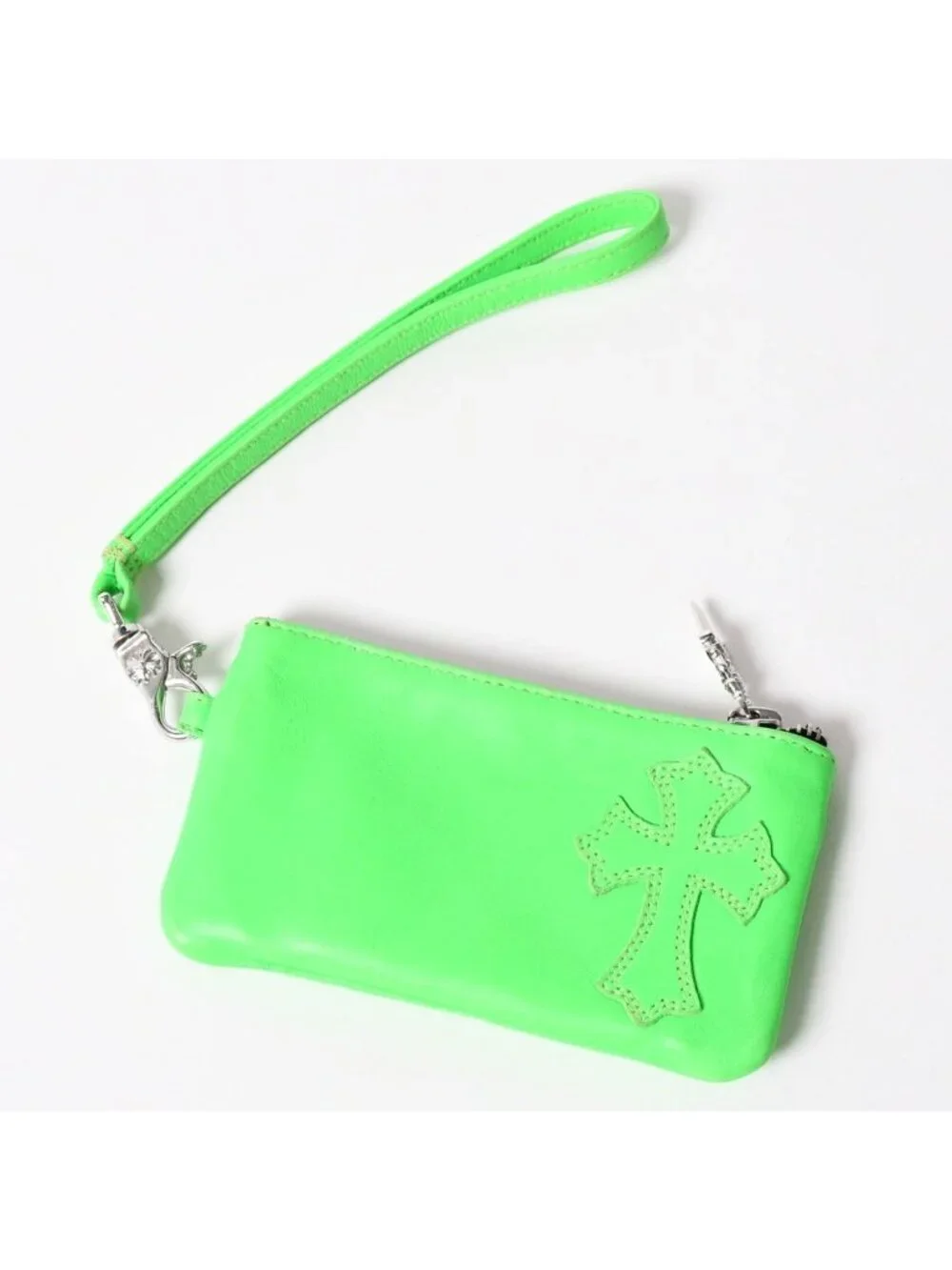 Chrome Hearts Zipper Change Purse Neon Green Leather 925 Sterling Silver Dagger